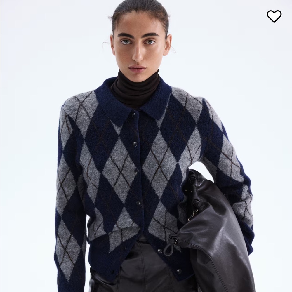 H&M Navy Grey Argyle Collared Cardigan Sweater